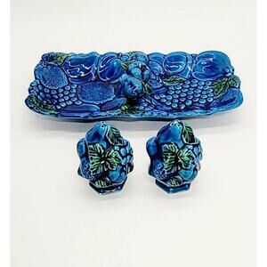 Vintage Inarco Japan Blue Mood Indigo Serving Dish Plate, Salt & Peppper Shakers